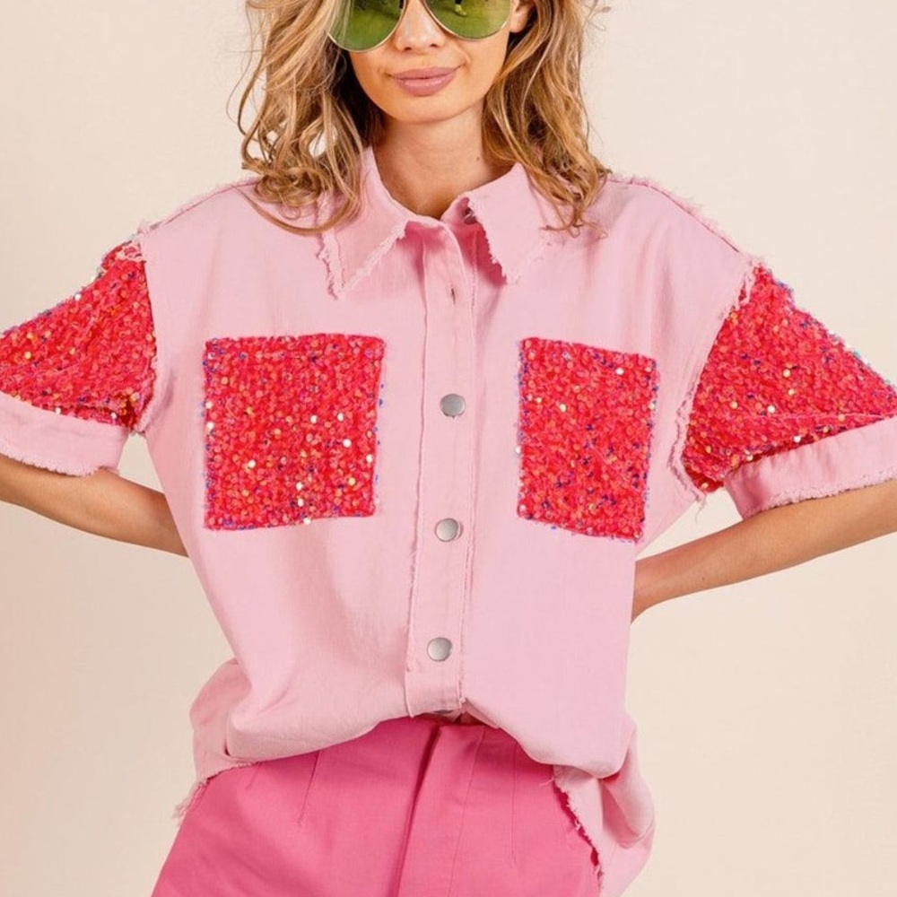 BiBi Pink Button Down Shirt raw hem with velour sequins
